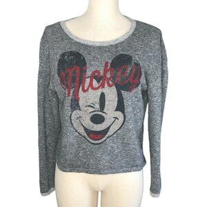 2/$30 Disney Mickey Mouse Sweat Shirt Women L Graphic Gray Red Winking Crew Nec